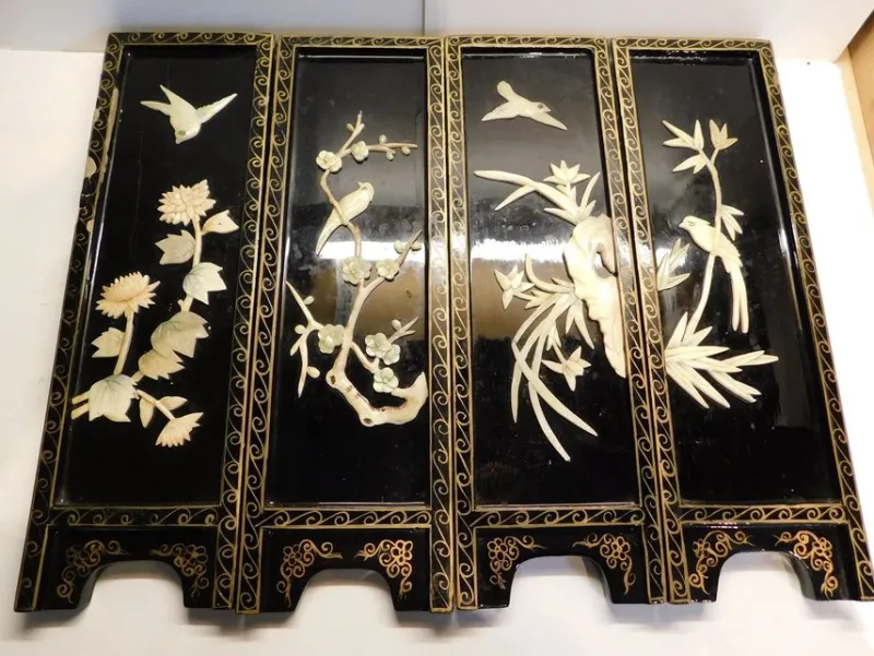 Tradera 4 Antika MOP Tavlor från Japan OBS INFO^ Reliefer