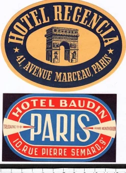 Tradera Kuriosa<2 bagageetiketter , Paris Frankrike hotel hotell
