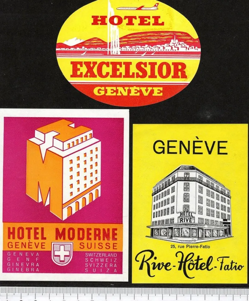 Tradera Kuriosa<3 bagageetiketter Genéve Schweiz hotel hotell