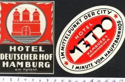 Tradera Kuriosa<2 bagageetiketter, Hamburg Tyskland, hotel hotell
