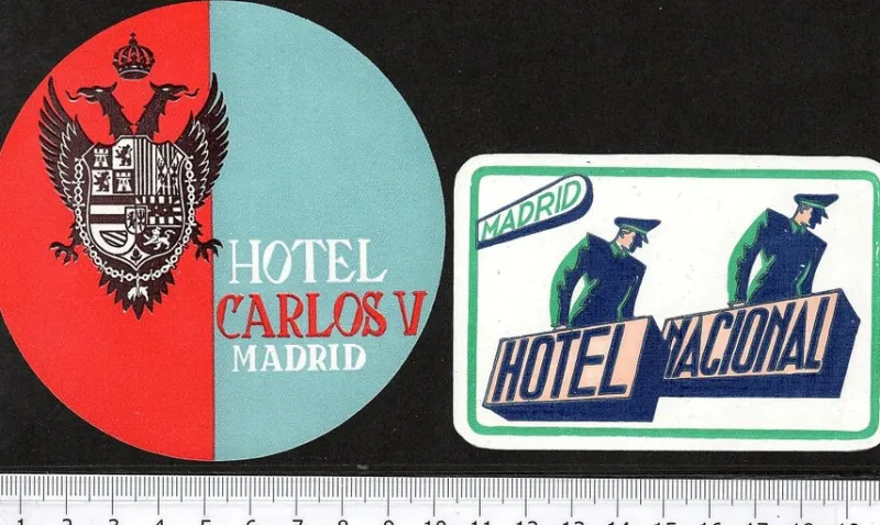 Tradera Kuriosa<2 bagageetiketter, Madrid Spanien hotel hotell