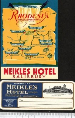 Tradera Kuriosa<2 bagageetiketter Meikle´s hotel, Salisbury Rhodesia hotell