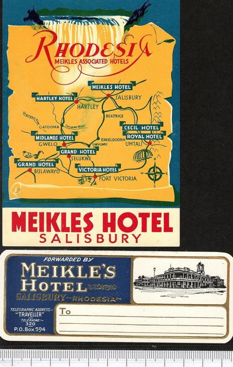 Tradera Kuriosa<2 bagageetiketter Meikle´s hotel, Salisbury Rhodesia hotell