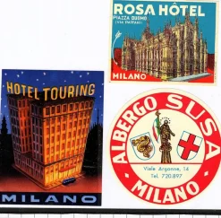 Tradera Kuriosa<3 bagageetiketter, Milano Italien hotel hotell