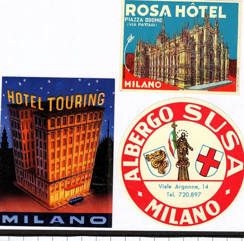 Tradera Kuriosa<3 bagageetiketter, Milano Italien hotel hotell