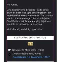 Tradera 1 biljetter till Kent på 3Arena, Stockholm - Söndag 23 Mars 2025> Konserter