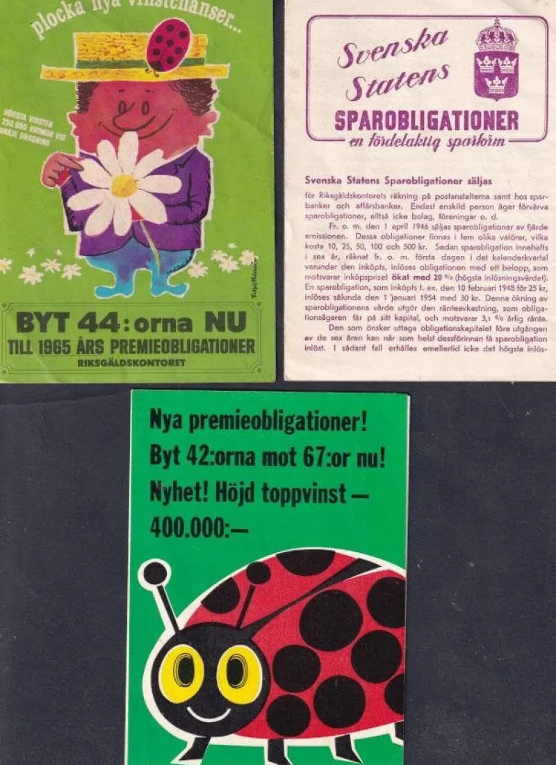 Tradera Lotter & Lottsedlar<3 broschyrer om sparobligationer 1948 och premie- 65 o 67