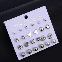 Tradera Smyckespaket<12 par pärlor kula set stiftörhängen strass kristall hjärtan blomma silverfärg