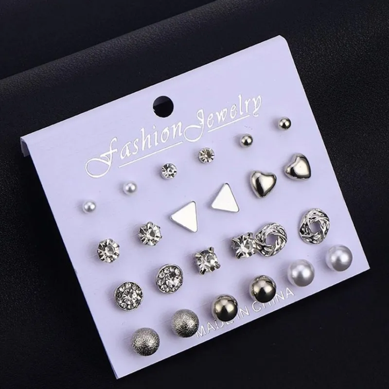 Tradera Smyckespaket<12 par pärlor kula set stiftörhängen strass kristall hjärtan blomma silverfärg