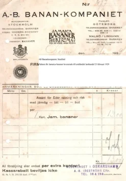 Tradera AB Banankompaniet - AB Ideström Oskarshamn Faktura Jamaica-Bananer 23 feb. 1929^ Fraktsedlar & Fakturor