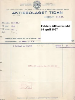 Tradera AB Tidan Mariestad 2 fakturor daterade 14 april och 27 juni 1927 koffertar^ Fraktsedlar & Fakturor