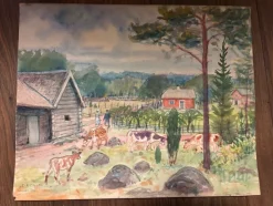 Tradera Akvarell, Tierp, Bondgård,av E.R. Olsson, Vintage, 35 kr^ Måleri