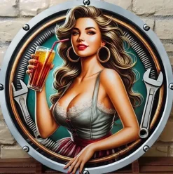 Tradera Skyltar<Aluminium / Plåtskylt - Vacker kvinna som dricker saft / Pinuppa