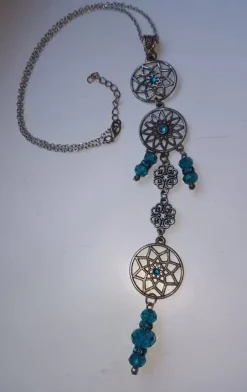 Tradera Halsband<Antiksilverfärgat petrolfärgat blågrönt halsband med långt hänge goth mandala