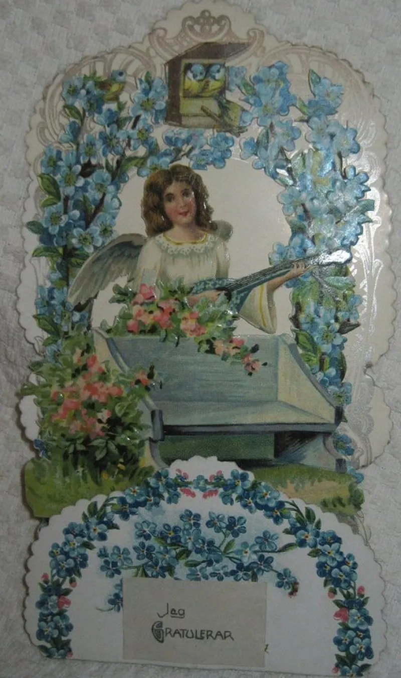 Tradera Allmänna Motiv<Antikt uppfällbart gratulationskort m. ängel, 1900-20-tal samlarobjekt, kuriosa