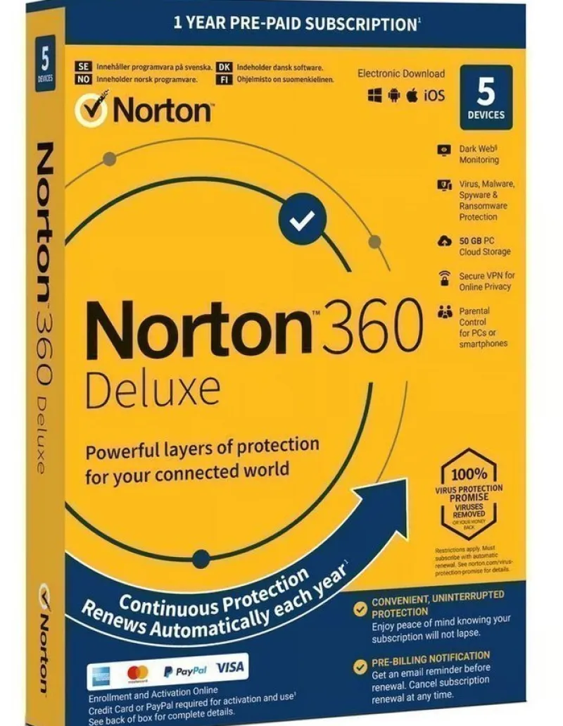 Tradera Antivirus Norton 360 Deluxe 50GB allt-i-ett skydd för 5 enheter. 12 Månader> Program & Mjukvara