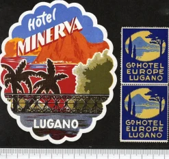 Tradera Kuriosa<Bagageetikett + 2 brevmärken, Lugano Schweiz hotel hotell