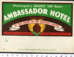 Tradera Kuriosa<Bagageetikett Ambassador hotel, Washington USA hotell