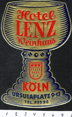 Tradera Kuriosa<Bagageetikett hotel Lenz Weinhaus, Köln Tyskland hotell