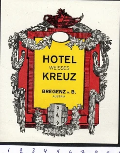 Tradera Kuriosa<Bagageetikett hotel Weisses kreuz, Bregenz Österrike hotell