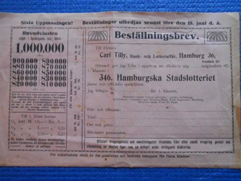 Tradera Lotter & Lottsedlar<Beställningsbrev Hamburgska stadslotteriet