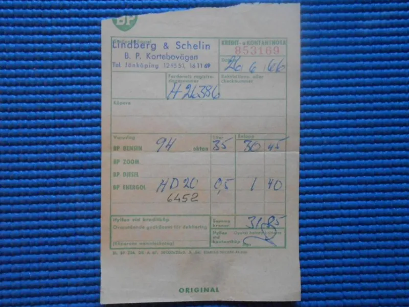 Tradera BP Kvitto bensin. Lindberg & Schelin Kortebovägen Jönköping 1966^ Bensinia
