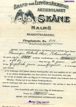 Tradera Fraktsedlar & Fakturor<Brandförsäkringshandlingar från Brand- & Lifförsäkrings Aktiebolaget Skåne 1928