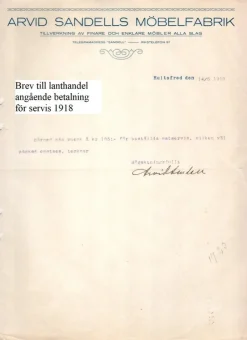 Tradera Brev från Arvid Sandells Möbelfabrik Hultsfred angående betalning 14 juni 1918^ Fraktsedlar & Fakturor