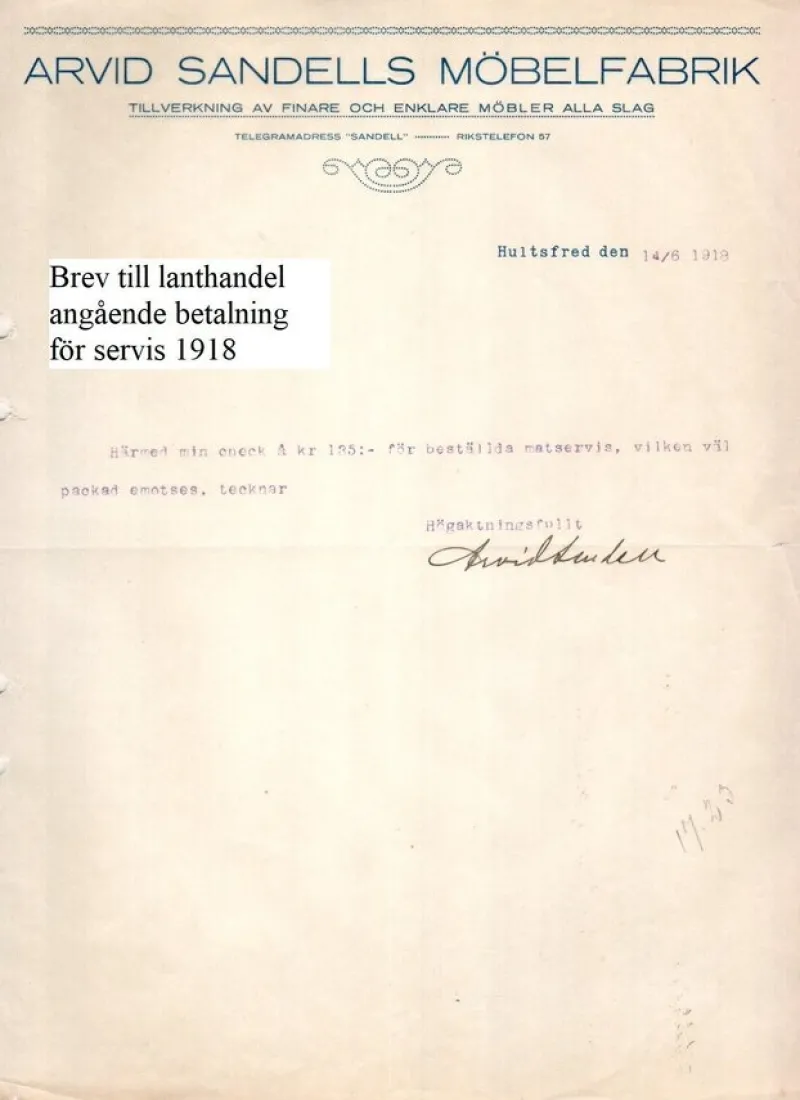 Tradera Brev från Arvid Sandells Möbelfabrik Hultsfred angående betalning 14 juni 1918^ Fraktsedlar & Fakturor