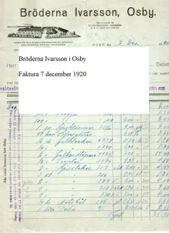 Tradera BRIO Bröderna Ivarsson i Osby Faktura 7 december 1920 lanthandel småland^ Fraktsedlar & Fakturor
