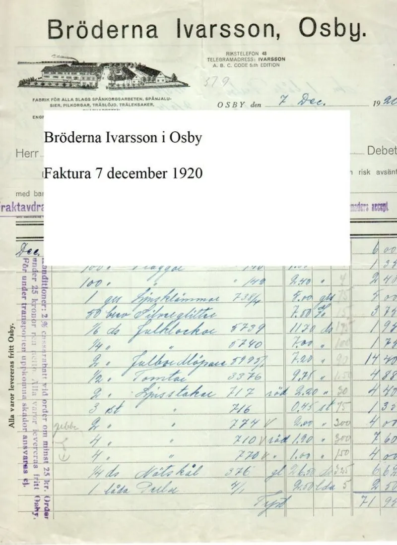 Tradera BRIO Bröderna Ivarsson i Osby Faktura 7 december 1920 lanthandel småland^ Fraktsedlar & Fakturor