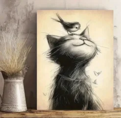 Tradera Canvas Poster Katt Fågel 40x30^ Posters