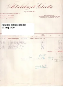 Tradera Cloetta AB Ljungsbro 2 fakturor från 17/5 och 1/10 1920 Linköping Östergötland^ Fraktsedlar & Fakturor