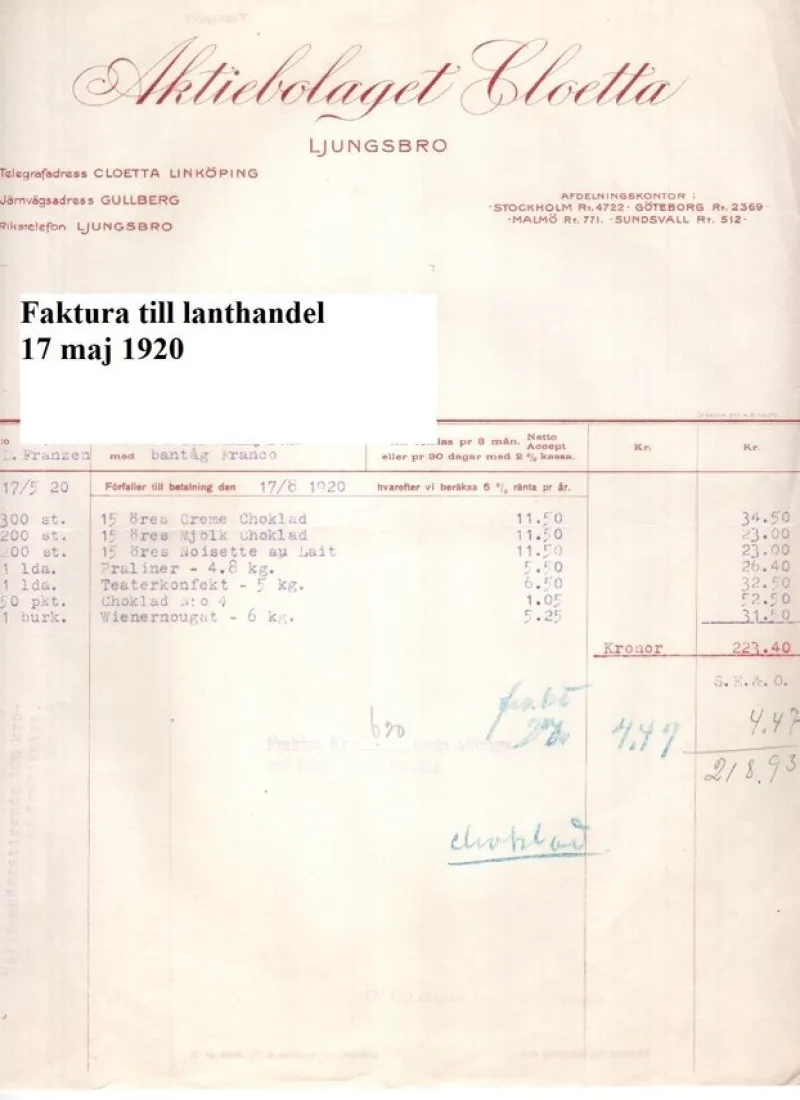 Tradera Cloetta AB Ljungsbro 2 fakturor från 17/5 och 1/10 1920 Linköping Östergötland^ Fraktsedlar & Fakturor