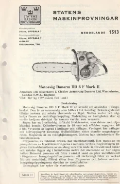 Tradera Danarm DD 8 F Mark II motorsåg test statens maskinprovningar^ Jordbruksmaskiner