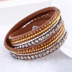 Tradera Armband<Dubbelt Läderarmband Läder Armband med Glittrande Strass / Rhinestones - Brun