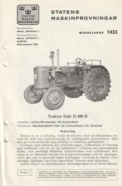 Tradera Fahr D 400 B traktor test statens maskinprovningar^ Jordbruksmaskiner