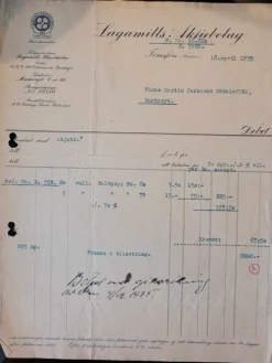 Tradera Faktura 1935 Lagamills Aktiebolag Timsfors Markaryd Småland^ Fraktsedlar & Fakturor