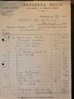 Tradera Fraktsedlar & Fakturor<Faktura Bröderna Melin Snickeri & Möbelfabrik Markaryd Småland 1935