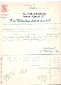 Tradera Faktura från AD. Wallberg & Son Stockholm 23 april 1927 till småländsk handlare^ Fraktsedlar & Fakturor