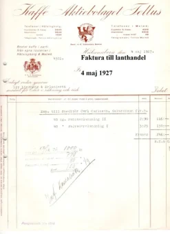 Tradera Faktura från Tellus Kaffe Helsingborg 4 maj 1927 från nedlagd lanthandels lager^ Fraktsedlar & Fakturor