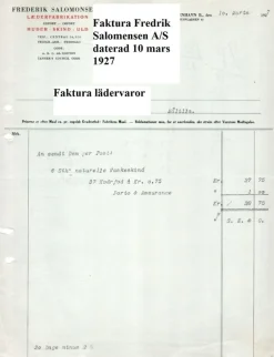 Tradera Frederik Salomensen A/S Laederfabrikation Faktura 10 mar 1927 lanthandel Småland^ Fraktsedlar & Fakturor