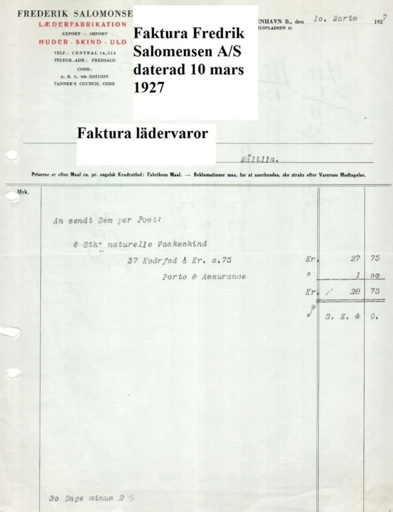 Tradera Frederik Salomensen A/S Laederfabrikation Faktura 10 mar 1927 lanthandel Småland^ Fraktsedlar & Fakturor