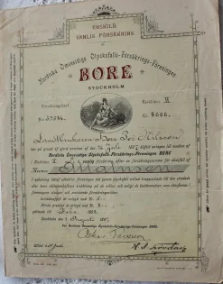 Tradera Försäkringsbrev från Nordiska Ömsesidiga Olycksfalls-Försäkrings-Föreningen Bore^ Övrigt Mynt & Sedlar