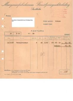 Tradera Fraktsedlar & Fakturor<Fyra fakturor från Margarinfabrikernas Försäljningscentral från 1927