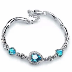 Tradera Glittrande Silver Armband med Hjärtan -Turkos & Vita Rhinestones -Silverpläterat> Armband