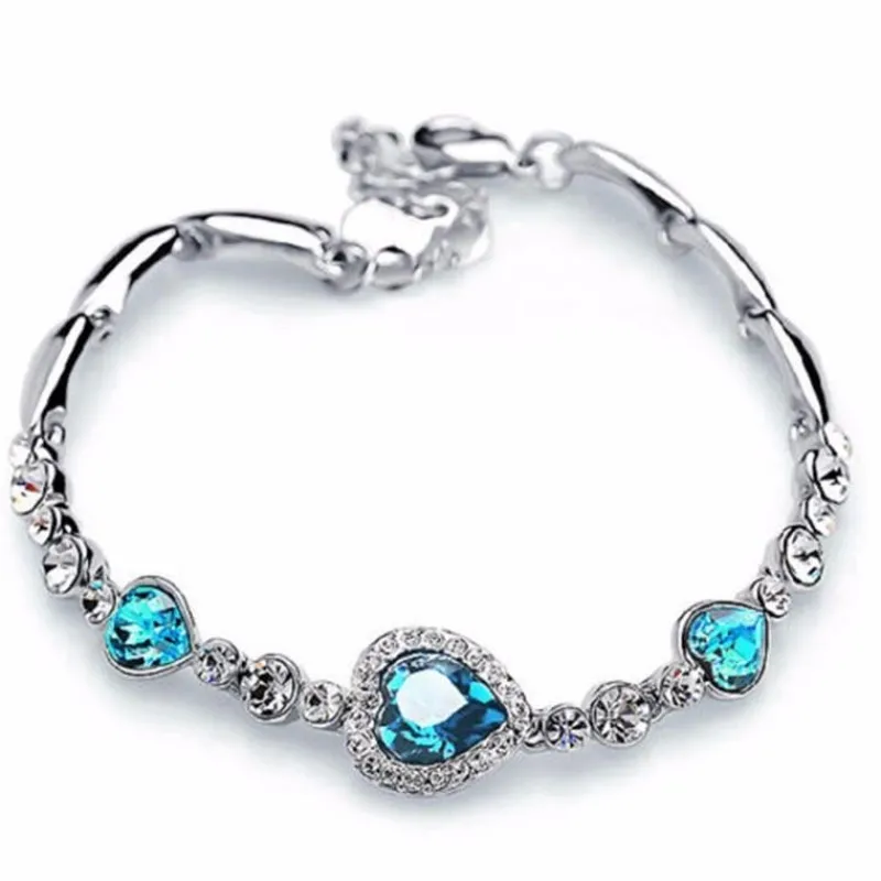 Tradera Glittrande Silver Armband med Hjärtan -Turkos & Vita Rhinestones -Silverpläterat> Armband