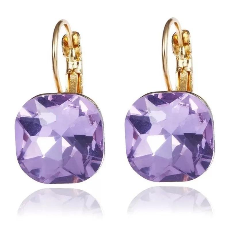 Tradera Örhängen<Guld Hoop Örhängen - Fyrkantig Glittrande Lila CZ Kristall - Guldpläterade