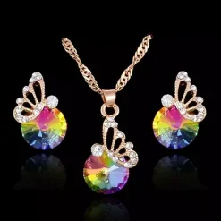 Tradera Smyckespaket<Guld Smyckesset - Halsband & Örhängen -Fjäril & Regnbåge Kristall - Guldpläterat