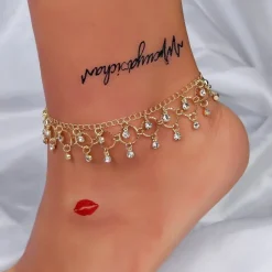 Tradera Fotlänkar<HELT NYTT!! Vristlänk Fotlänk / Ankel / Fot kedja bohe kristall guld färg